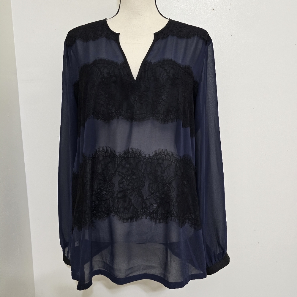 ANN TAYLOR size Large Sheer Lace V Neck Flowing Lightweight Long Sleeve Blouse
